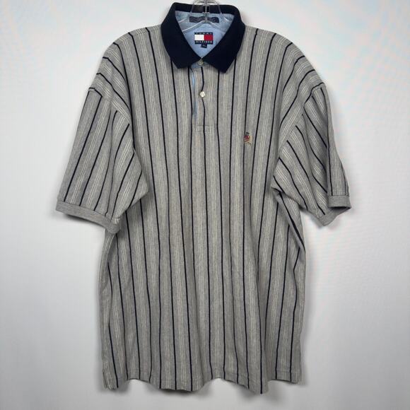 Vintage 90's Tommy Hilfiger Men's Polo Striped Gray Short Sleeve Size XL - Picture 1 of 8